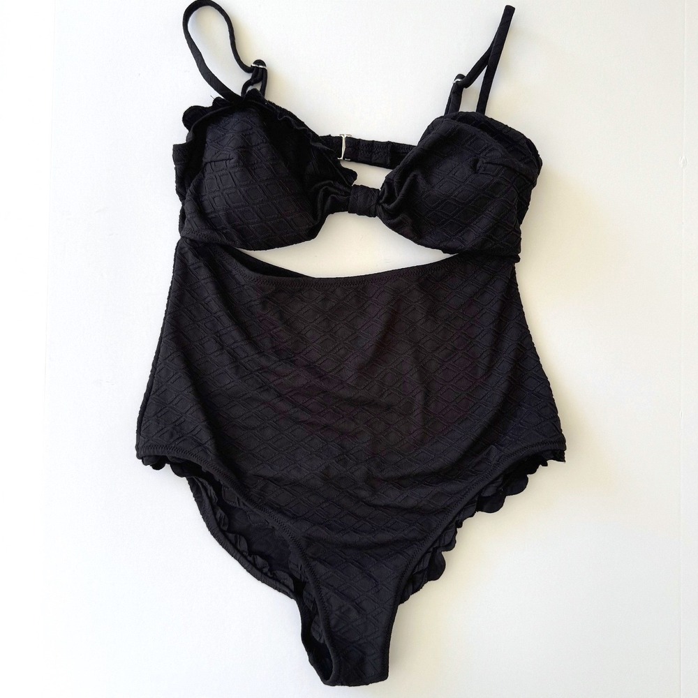 NWT Cupshe One Piece Swimsuit Size Large Black High Waist Ruffles Boho Chic - Picture 9 of 9